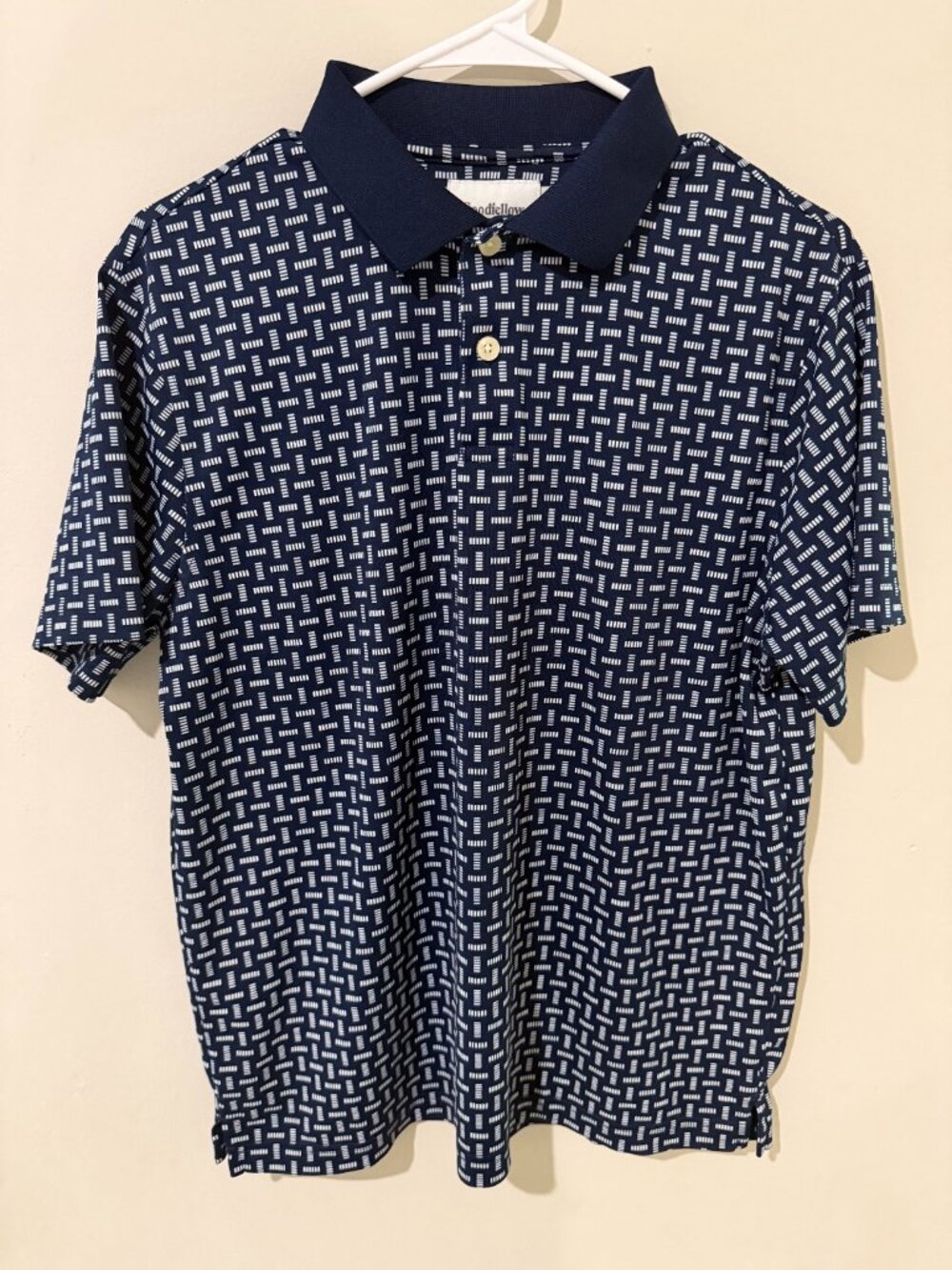 Goodfellow & Co Men's Polo Shirt Navy Blue White Geometric Print Short Sleeve